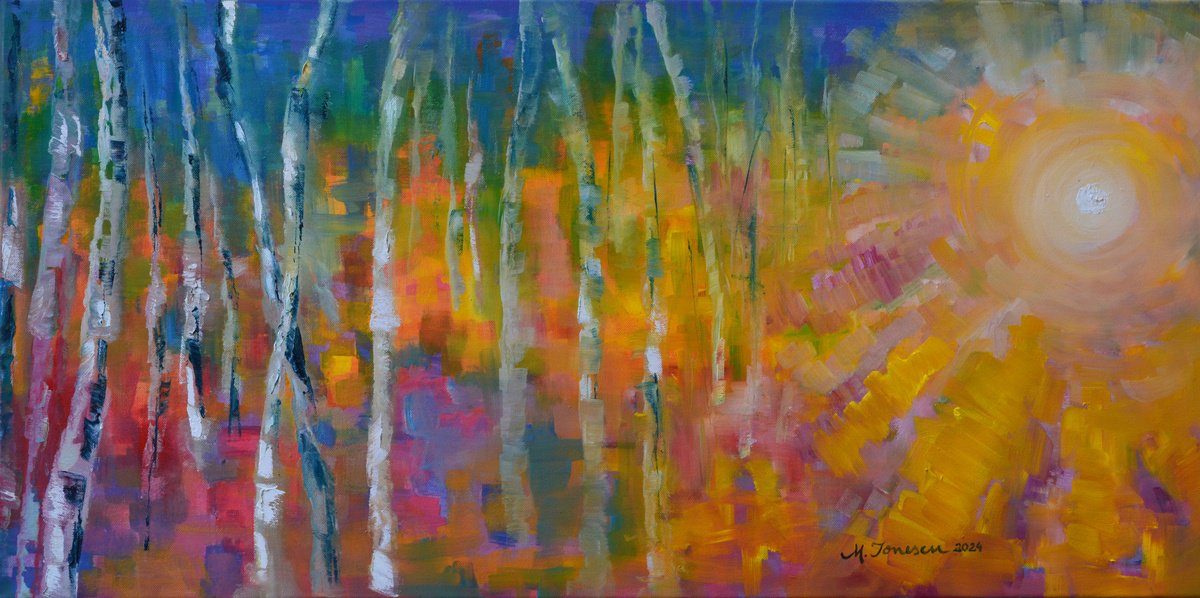 Impressionistic Botanical Oil Painting By Mihaela Ionescu, 39 X 20", Summer Birches, Original Artwork