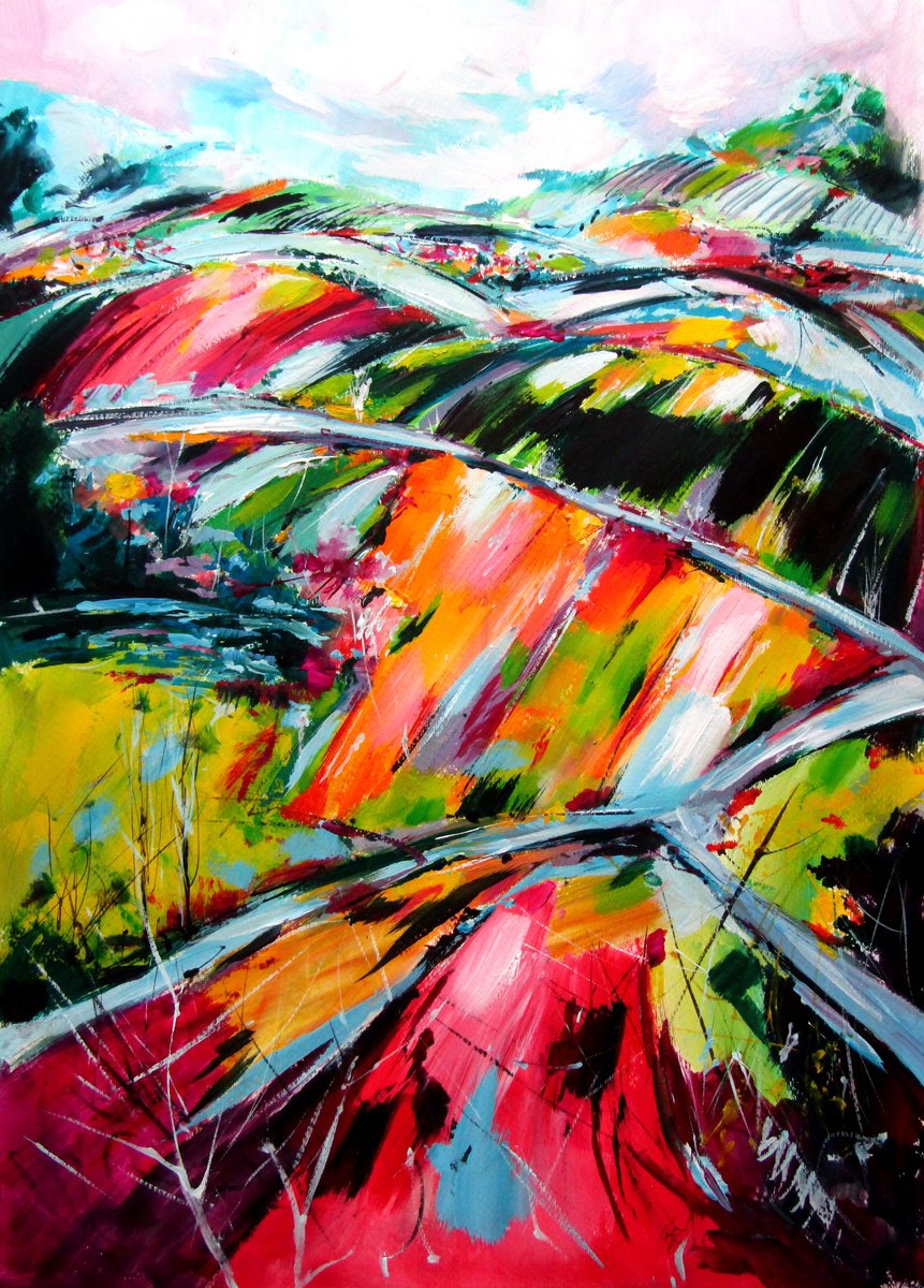 Abstract Landscape Acrylic Painting By Kovacs Anna Brigitta, 20 X 28", Summer Landscape, Original Artwork