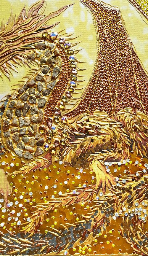 Golden dragon - original painting on canvas with crystal shimmering rhinestones and golden coins. Fantasy art. by BAST