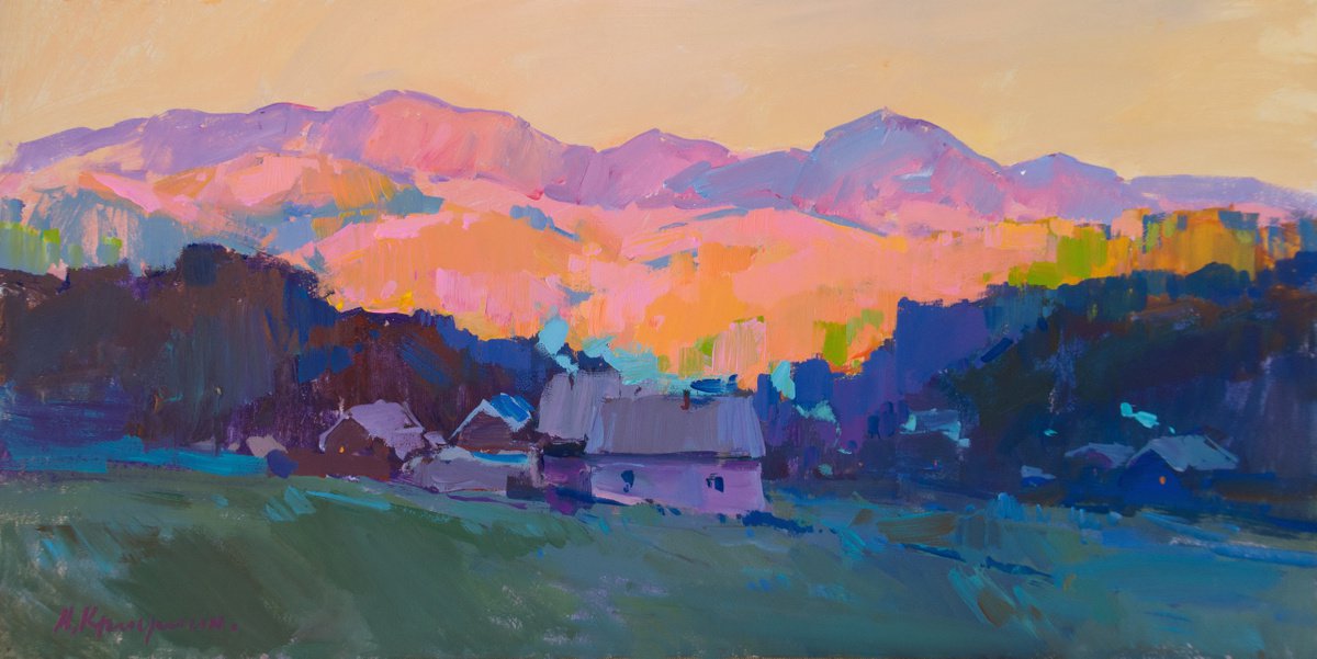 Impressionistic Landscape Acrylic Painting By Aleksandr Kryushyn, 30 X 14, Autumn Evening In The Carpathians, Original Artwork
