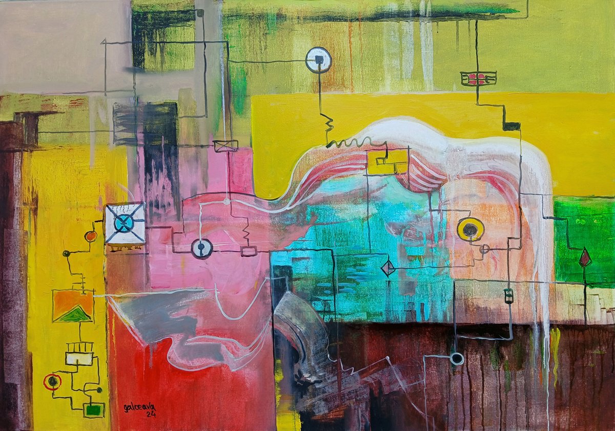 Geometric Abstract Oil Painting By Constantin Galceava, 39 X 28, Pseudo-System, Original Artwork