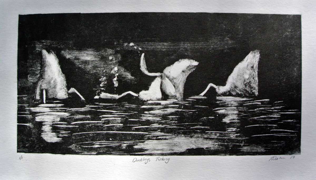 Upside Down Ducklings, Diving Ducks Monotype, Artwork on Paper by Alex Jabore