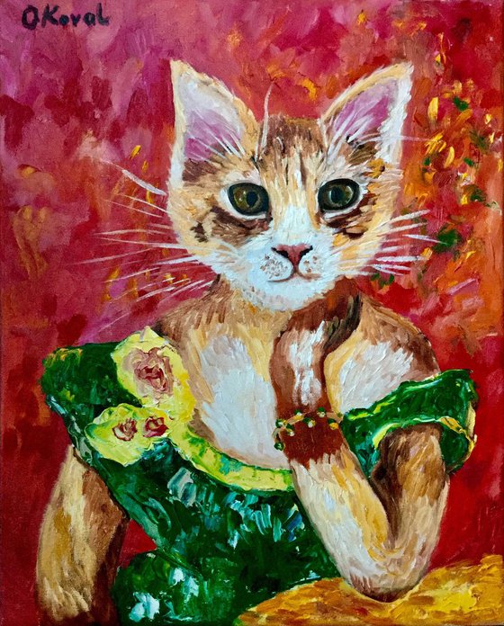 CAT LA MADAME JEANNE  SAMARY. FELINE ART. Painting  for cat lovers.