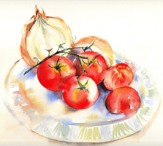 Tomatoes, Still life, Kitchen Art, Dining Room Decor, Red Tomatoes, Watercolour painting