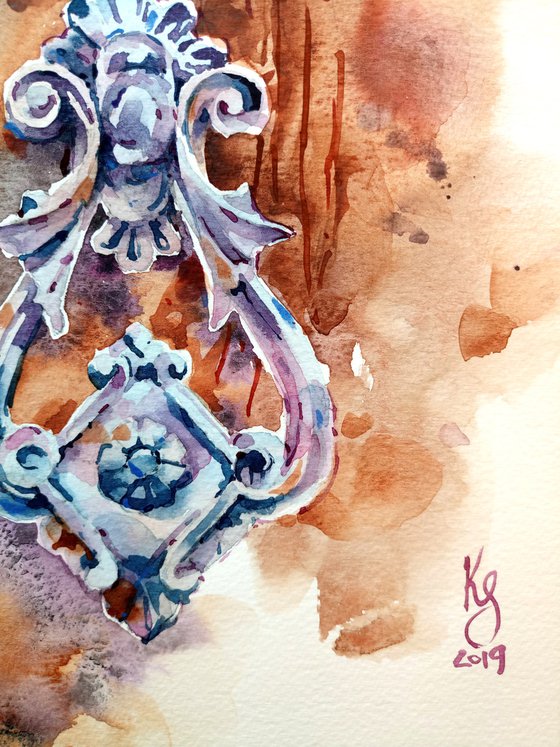 "Antique doorknob on a wooden background" modern watercolor sketch original illustration