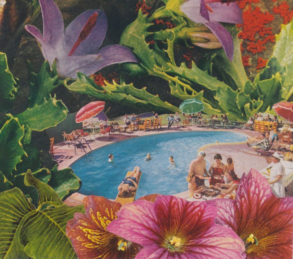 Urban And Pop Botanical Collage By Paper Draper, 8 X 12", Poolside At The Garden Motel, Original Artwork