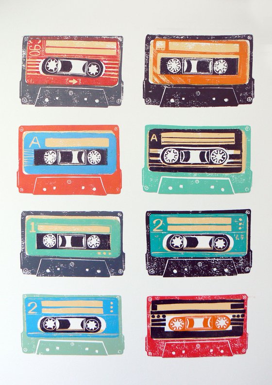 Linocut tapes #25 (cassette tapes, retro music, 70's, 80's rock culture)