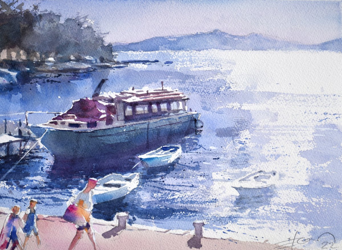 Botanical Watercolour By Goran Zigolic Watercolors, 15 X 11, Summer Scene With Large Boat, Original Artwork