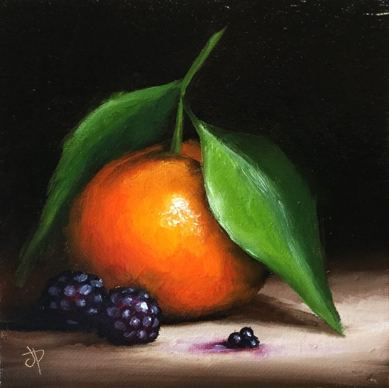 Small Clementine with blackberries still life
