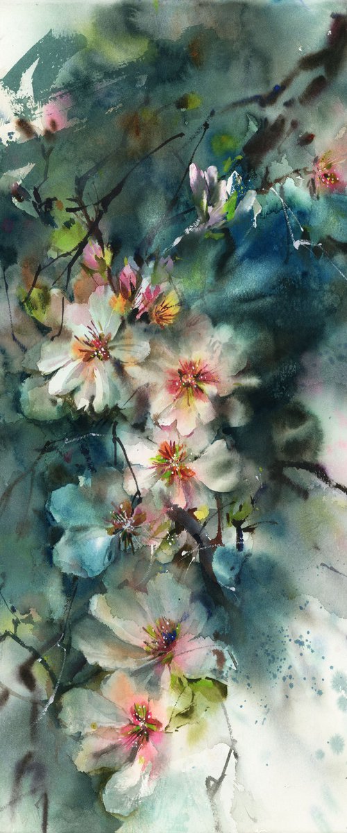 Almond Blooming Florals Watercolor Painting by Sophie Rodionov