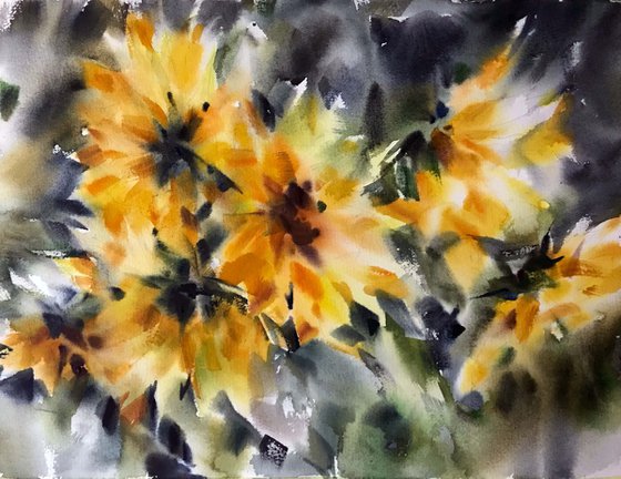 Autumn sunflowers.  one of a kind, original watercolor