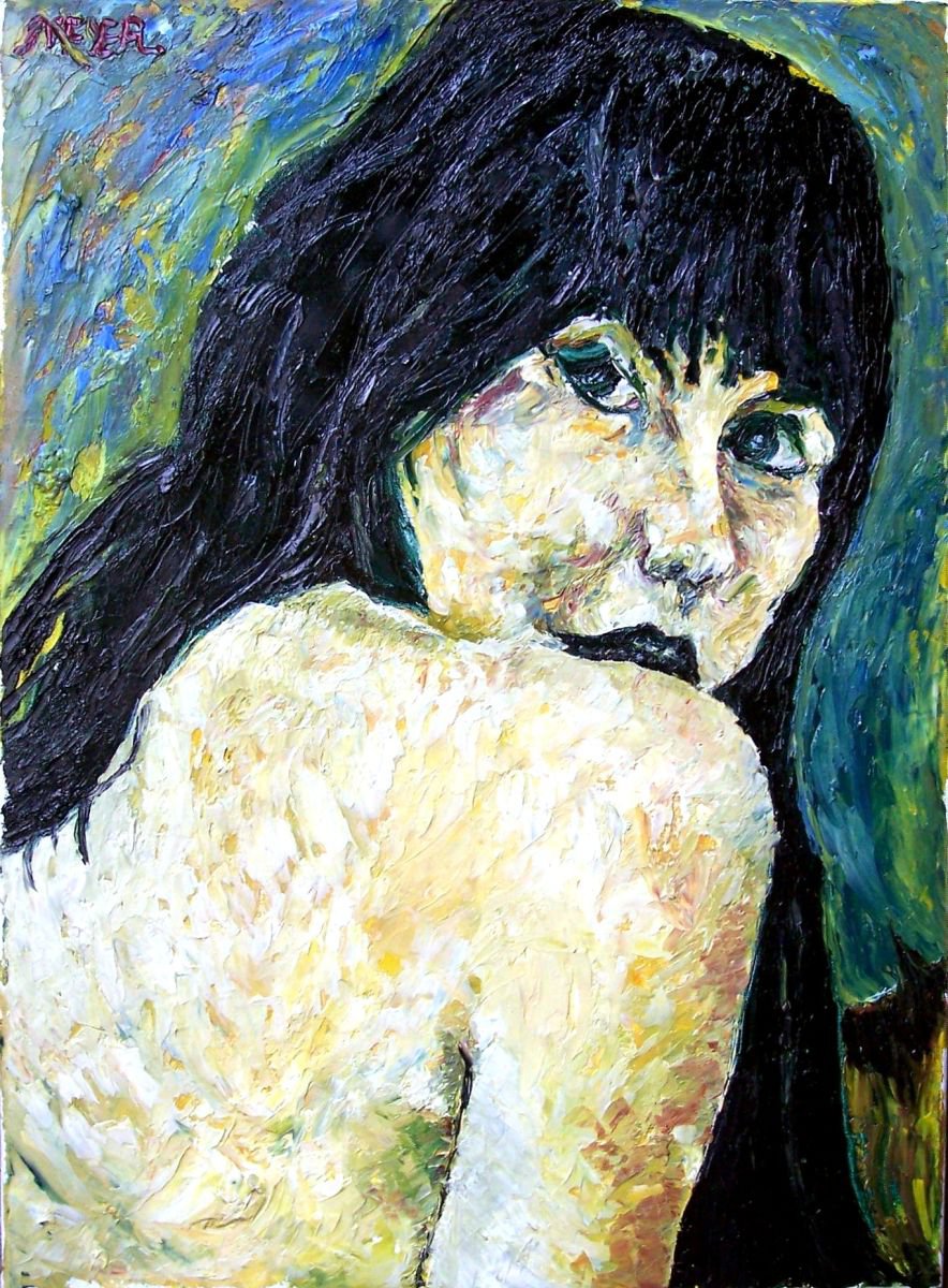 Expressive Portrait Oil Painting By Richard Meyer, 18 X 24", Model Looking Over Right Shoulder, Portrait Format, Artfinder