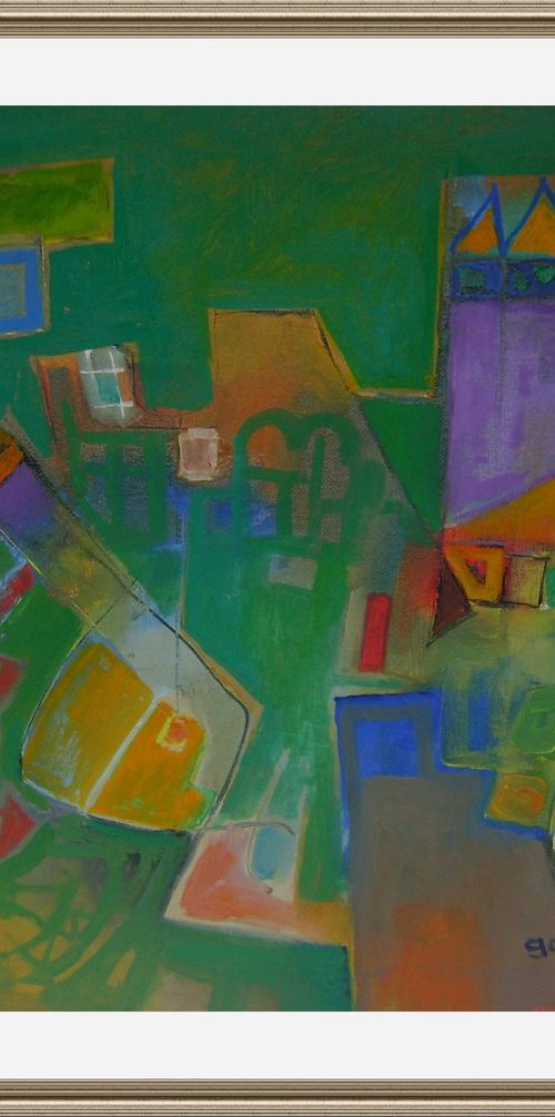 Archipelago, Imaginary Geometric Green Landscape, Original Abstract Art by Constantin Galceava