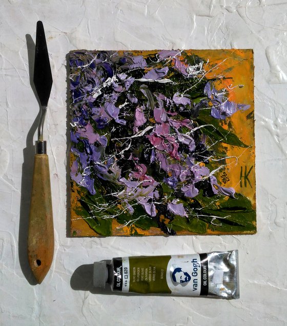 Lilac Painting Floral Original Art Flower Small Oil Impasto Artwork Home Wall Art 6 by 6" by Halyna Kirichenko