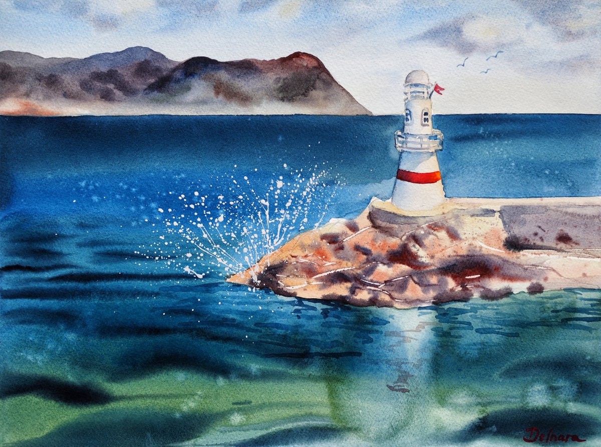 Lighthouse and Greek island view - original watercolor by Delnara El