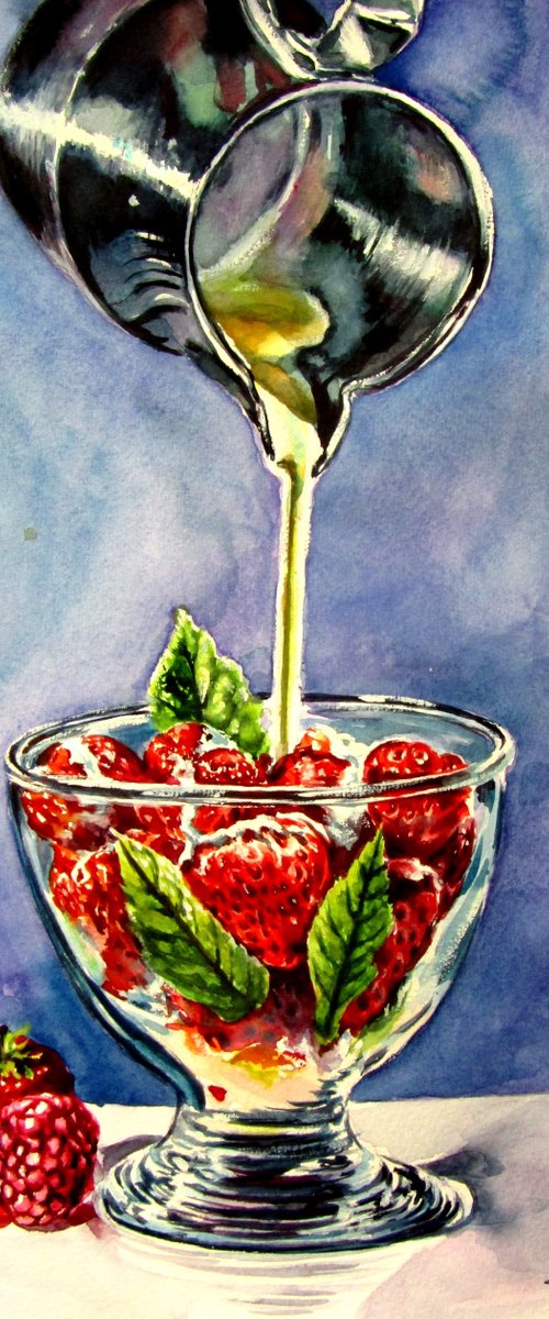 Still life with strawberries and cream by Kovács Anna Brigitta