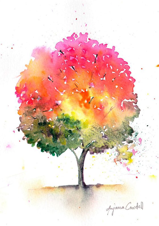 Autumn Tree painting, Original Watercolour Painting, Contemporary Autumn Landscape, Loose watercolor, vibrant cheerful art