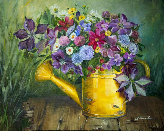 "BOUGUET FOR GRANDMA'' oil painting on canvas. Garden flowers