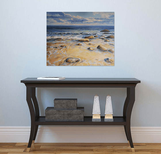 Warm stones 2, original one of a kind acrylic on canvas seascape (24x30'')