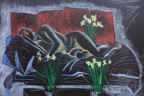 Reclining Nude with Daffodils by Koola Adams