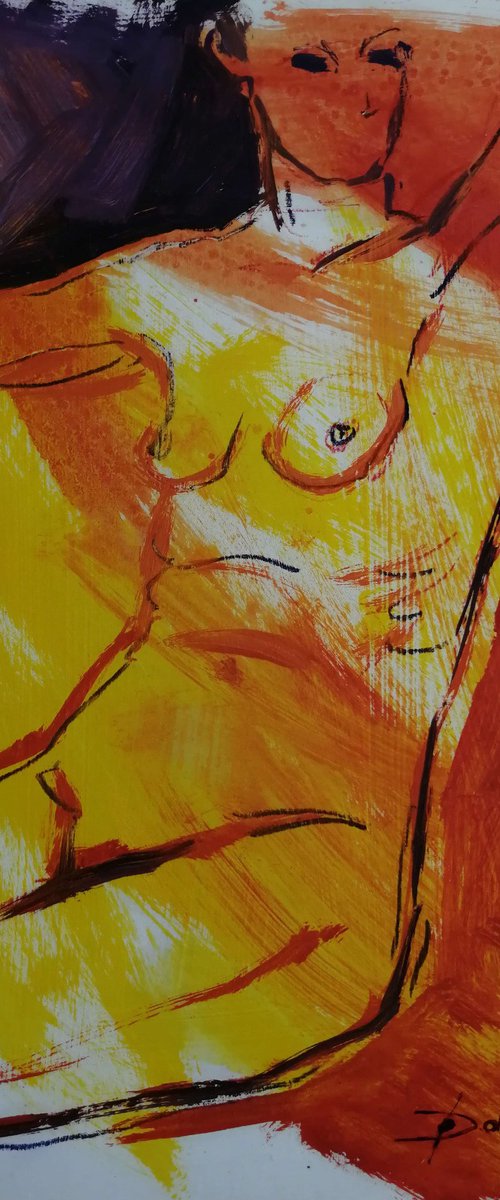 Nude yellow study women oil on paper by Olga David