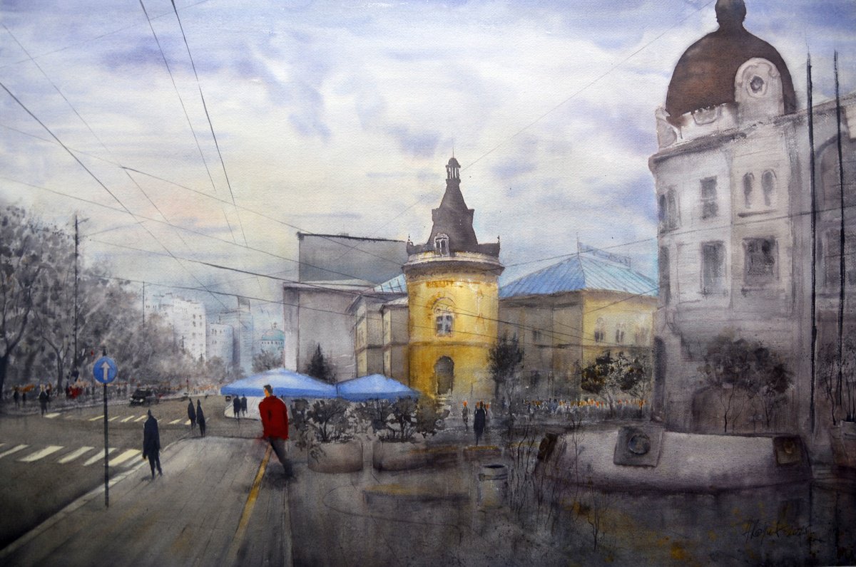 Impressionistic Cityscapes Watercolour By Nenad Kojic, 38 X 26", Yellow Skc Belgrade, Original Artwork
