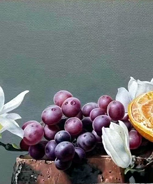 Still life:grape orange and flowers by Kunlong Wang