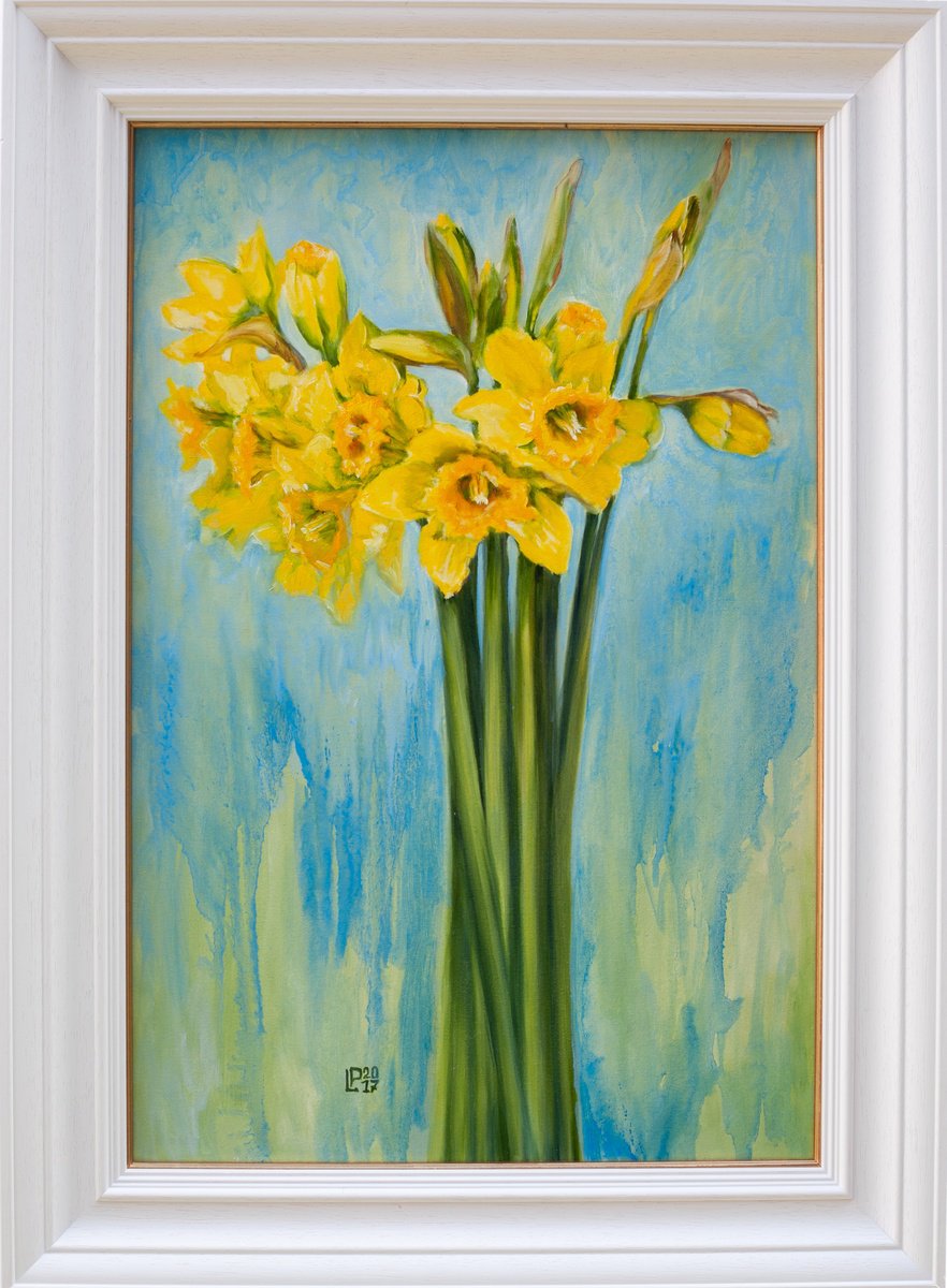 Expressive Botanical Oil Painting By Liudmila Pisliakova, 22 X 31", Daffodils Spring Floral Framed, Original Artwork