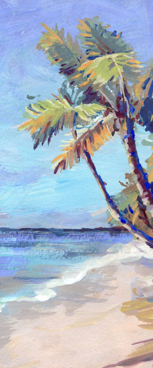 Palm beach, Blue sea and shore, small gouache art by Yulia Evsyukova