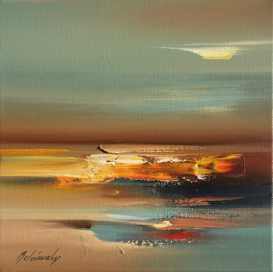Brighter days - 25 x 25 cm, abstract landscape oil painting in blue and beige