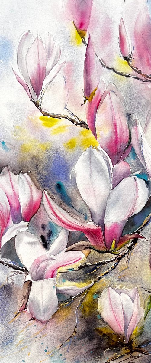 Magnolia Spring Flowers Watercolour Painting by Yana Ivannikova