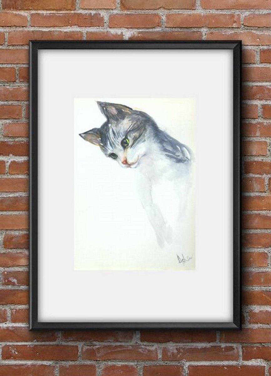 Cat tilting its head-watercolors on paper 5.8x 8.25 by Asha Shenoy