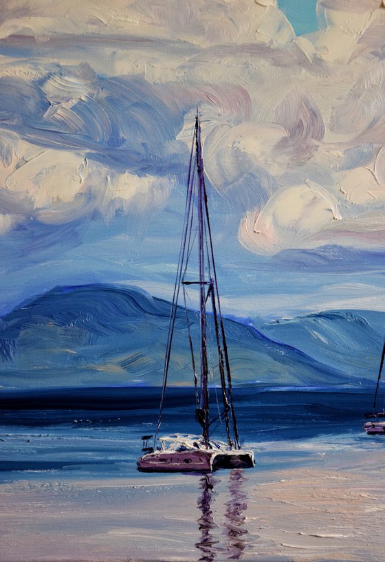 Clouds, Sea and Ships Large Oil Painting on Canvas, Greece Seascape