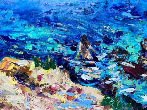 Secret Bathing - Crimea life, 47*37cm, impressionistic oil sea landscape painting