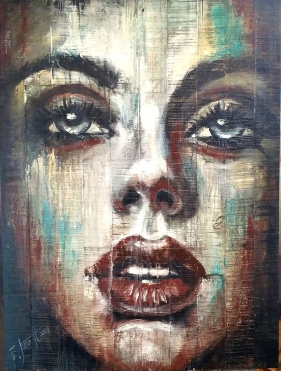 "Adele" 60x80x2cm Original acryl painting on vietnamese acacia wood board ,ready to hang