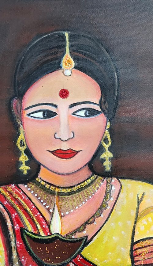 Indian Lady with a lamp glittering figurative art by Manjiri Kanvinde