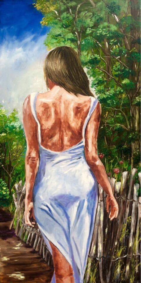 Impressionistic Portrait Oil Painting By Inna Montano, 24 X 48, Summer Dress. Large Painting, Original Artwork