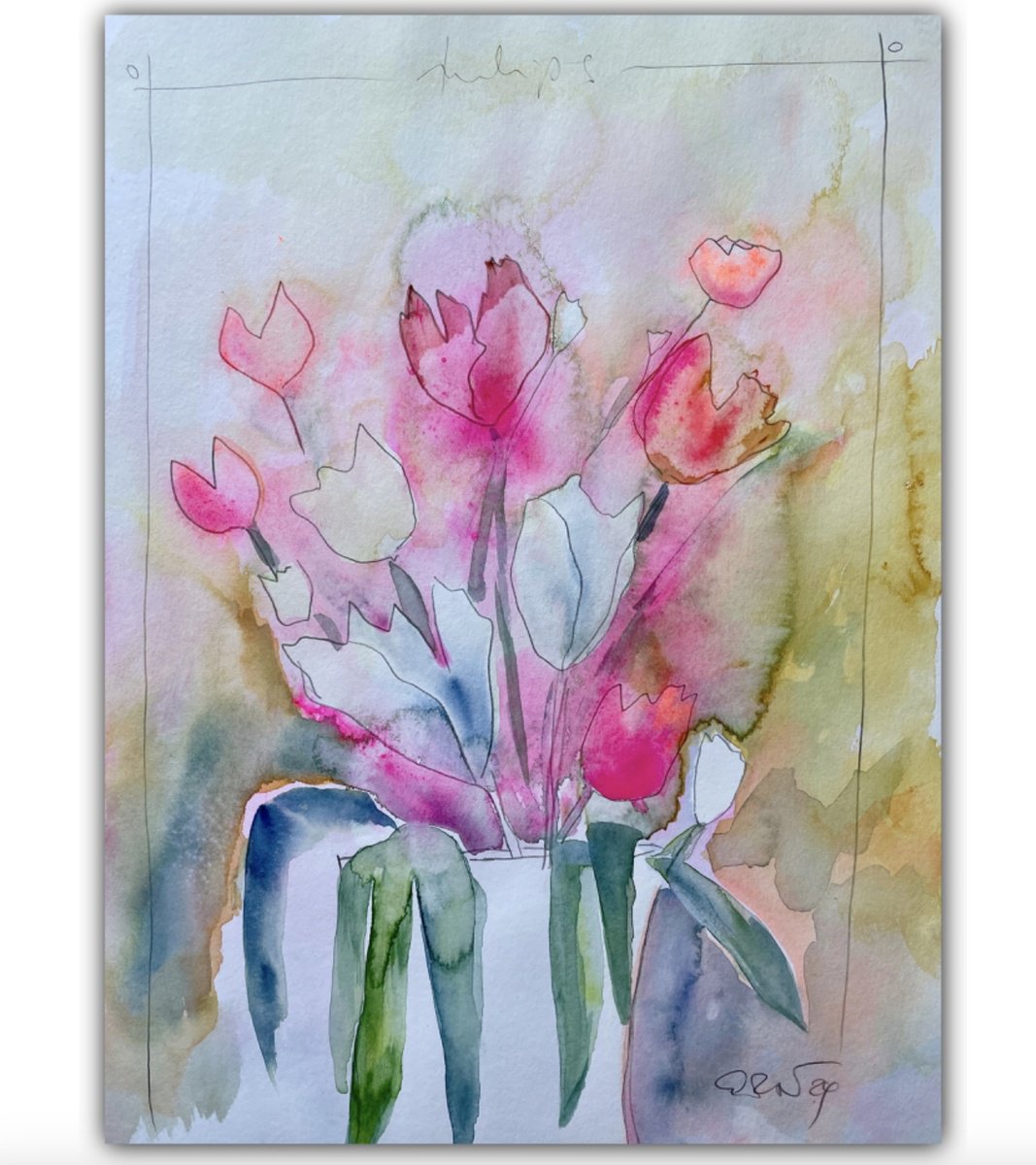 Abstract Botanical Watercolour By Gesa Reuter, 14 X 19, Tulips, Original Artwork