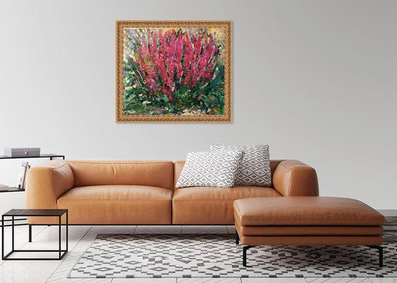 FLOWERBED - Floral art, landscape, original painting, oil on canvas, flowers in the garden, nature,  red summer flowerbed, bloom, interior art home decor, gift