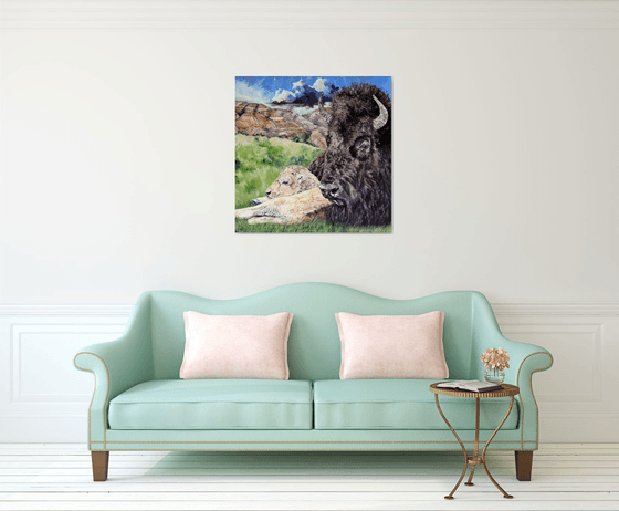 "A Mothers Watchful Eye" - Wildlife - Bison - Landscape