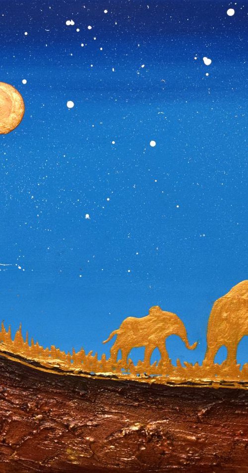 original abstract landscape "Golden elephants in Starlight Valley" gold africa animal elephant painting art canvas - 16 x 20" by Stuart Wright