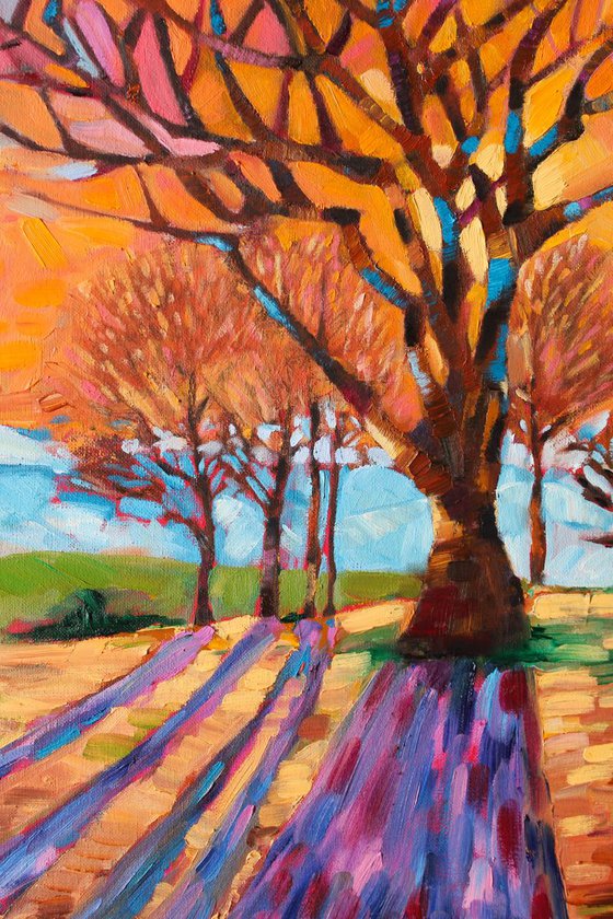 Glory sunset - Landscape with trees, lights and shadows Oil painting