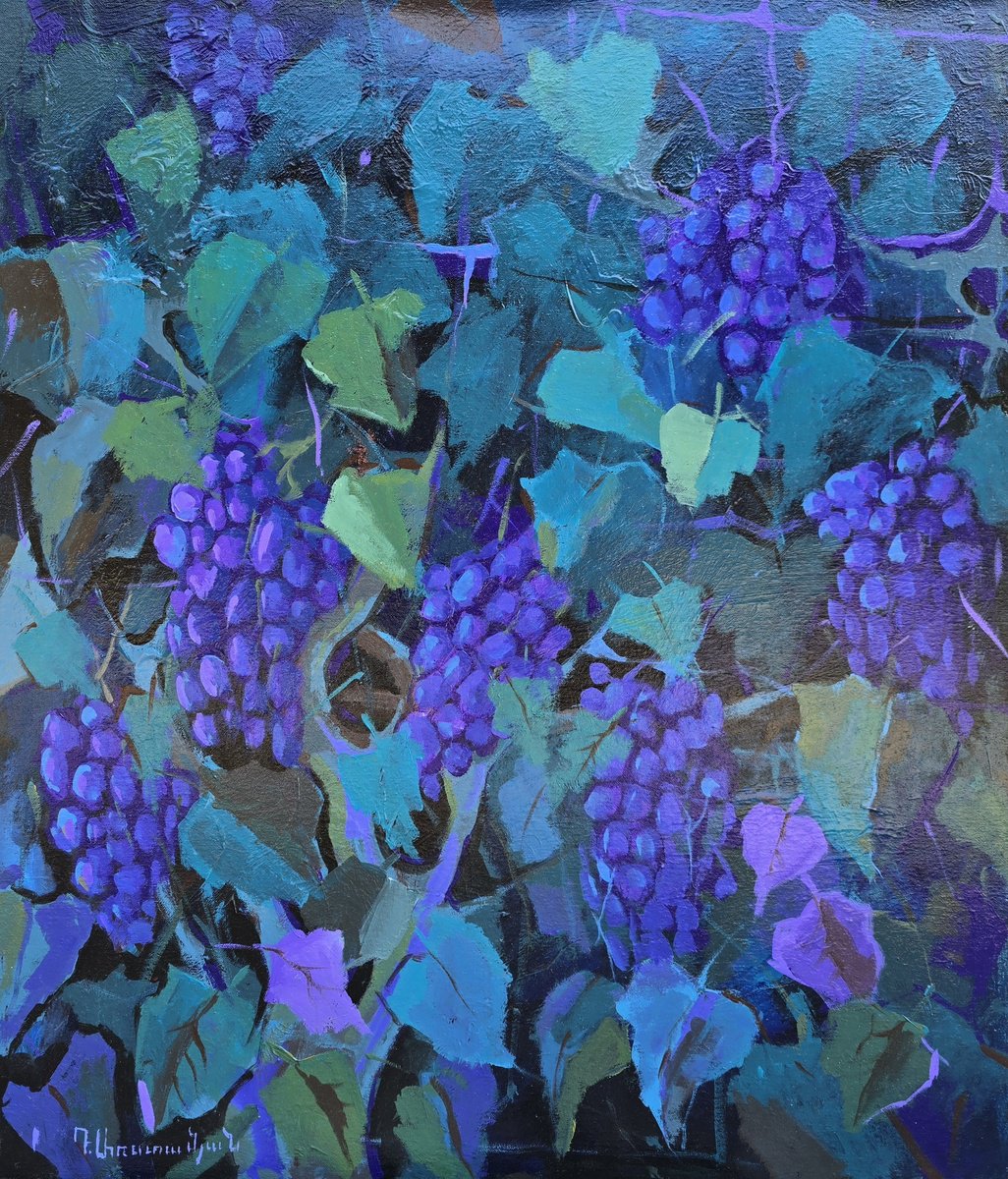 Impressionistic Still Life Oil Painting By Davit Arstamyan, 24 X 28, Bountiful Vines, Original Artwork
