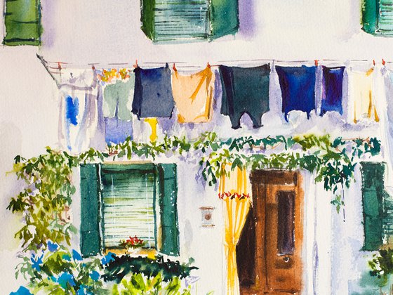 Venice. Burano. Big format watercolor urban landscape Mediterranean italy sea bright architecture old travel