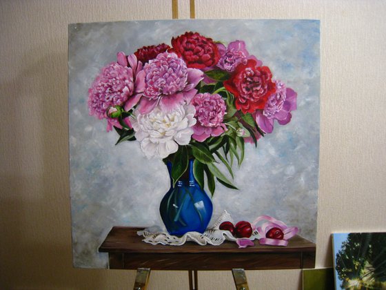 Peonies in Blue Vase
