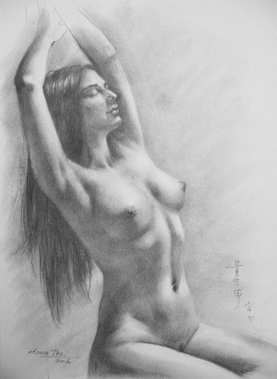 original drawing sketch artwork naked nude girl on paper #16-3-24