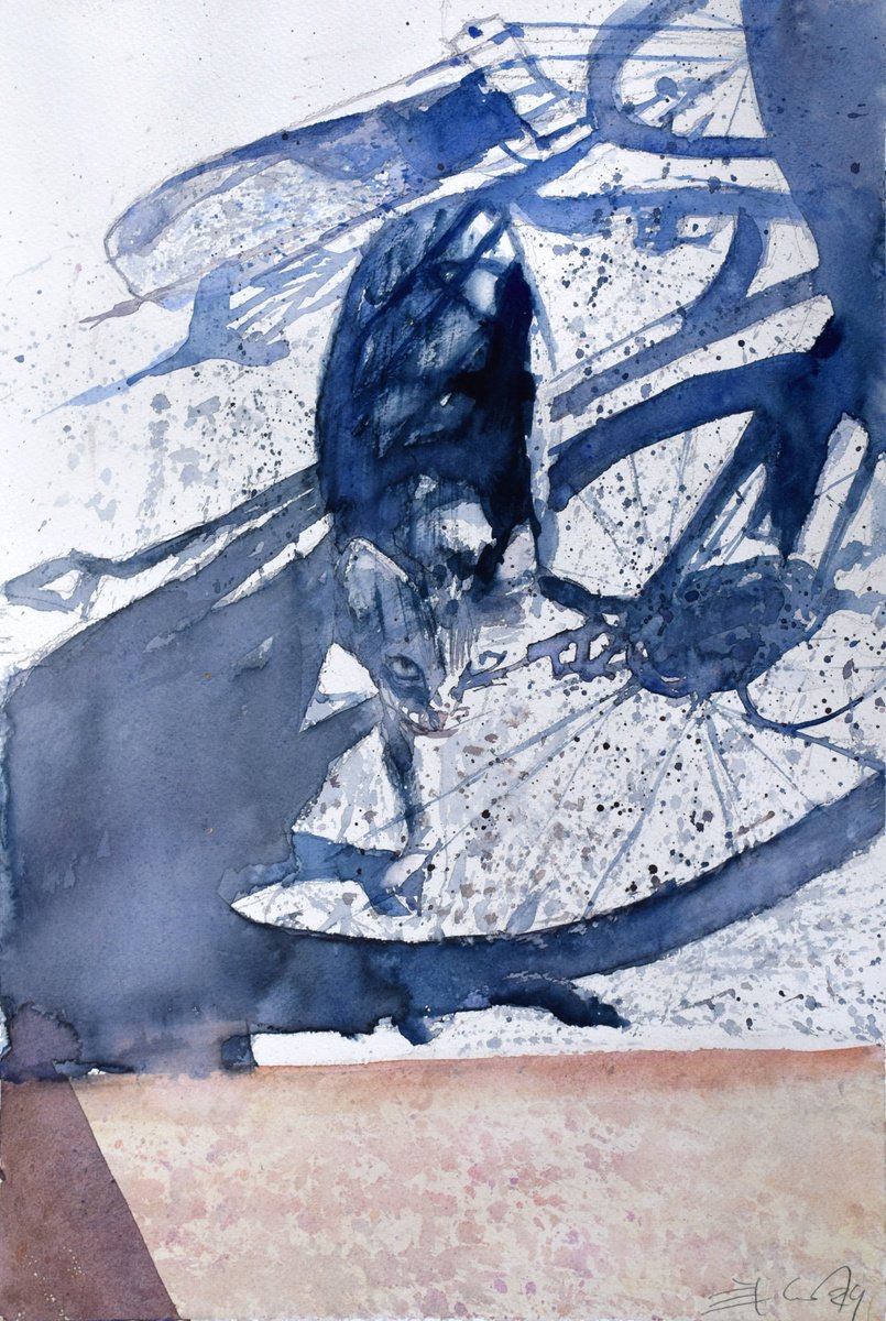 Expressive Animal Watercolour By Goran Zigolic Watercolors, 15 X 22, Cat In The Land Of Shadows, Original Artwork