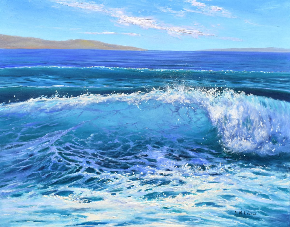 Impressionistic Landscape Oil Painting By Yulia Nikonova, 28 X 22", Rolling Wave, Original Artwork
