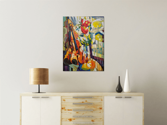 Still life with lemons and violin (60x80cm, cubism, oil painting, ready to hang)
