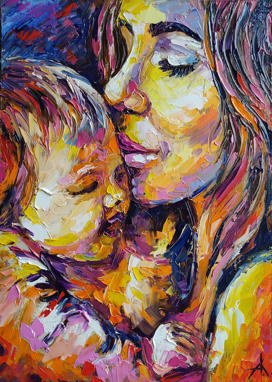 Mom's tenderness - oil painting, mother's love, love, mother, baby, mom and baby, people oil painting, child